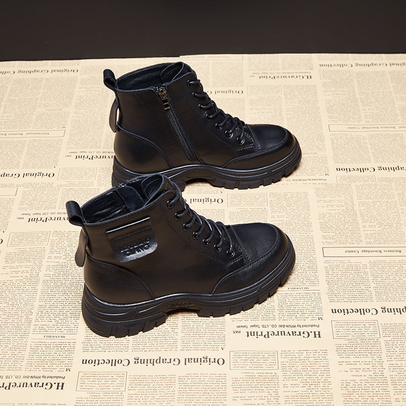 Retro Leather Trendy Black Thick Sole Heeled Ankle Boots