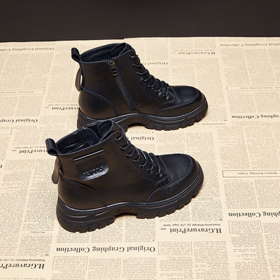Retro Leather Trendy Black Thick Sole Heeled Ankle Boots