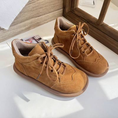 Retro Sueded Thick Soft Sole Round Wide Toe Lace-Uo Ankle Boots