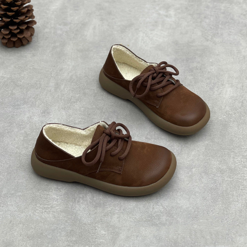 Winter Warm Leather Round Toe Lace-Up Fleece-Lined Flats