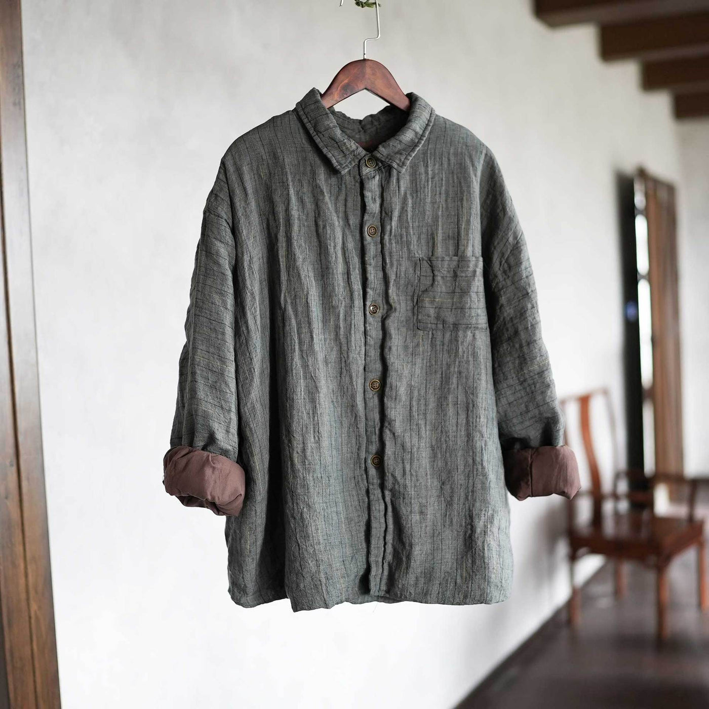 Winter Retro Linen Warm Cotton-In Striped Shirt Coat