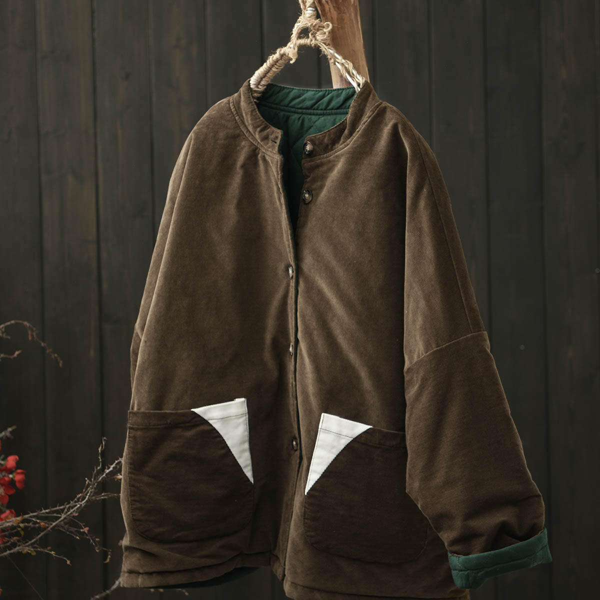 Women Winter Vintage Reversible Corduroy Stand Collar Quilted Jacket