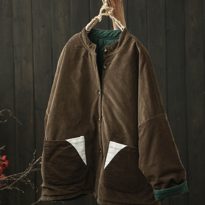 Women Winter Vintage Reversible Corduroy Stand Collar Quilted Jacket