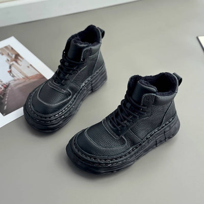 Winter Leather Warm Thick Sole Lace-Up Plush Wide Toe Ankle Boots