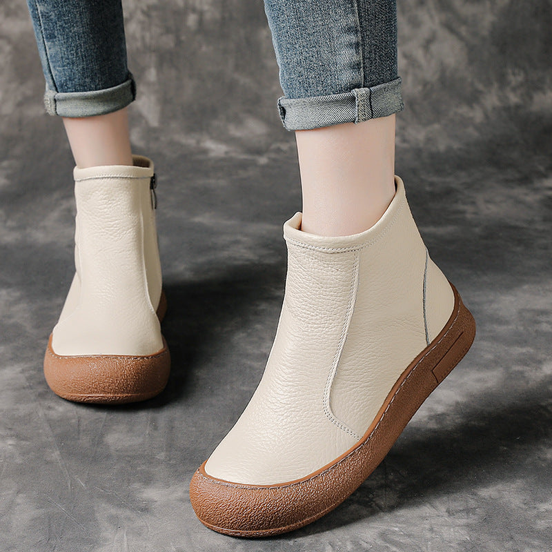 Retro Leather Round Wide Toe Wool-Lined Warm Slip-On Boots