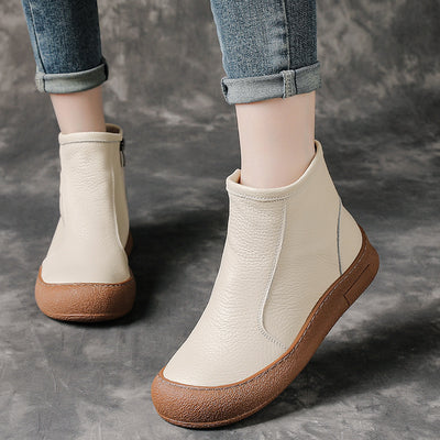 Retro Leather Round Wide Toe Wool-Lined Warm Slip-On Boots