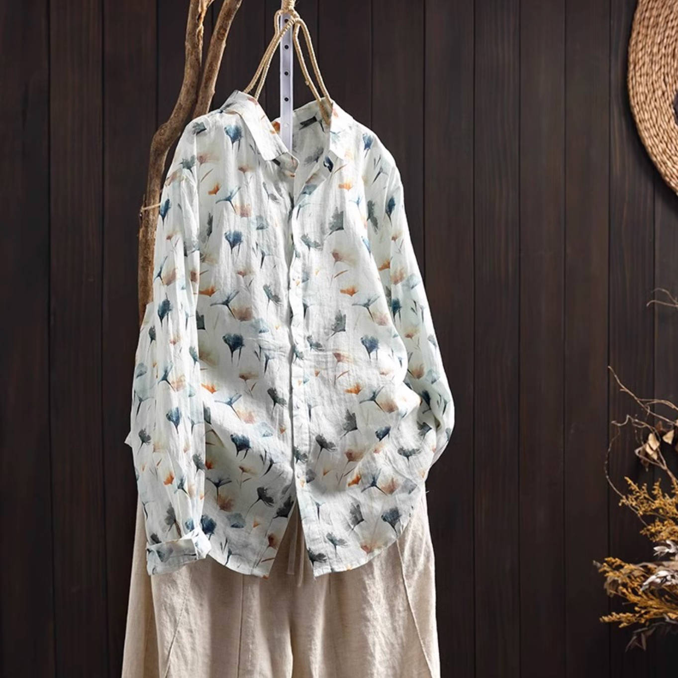 Retro Cotton Linen Floral Printed Casual Loose Long Sleeves Shirt