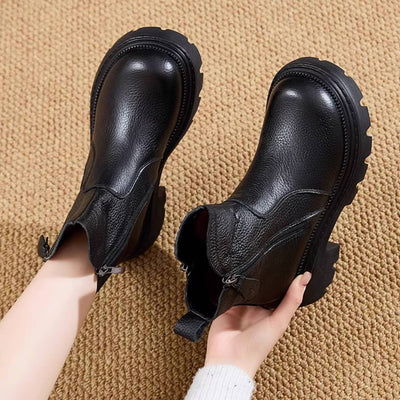 Top Leather Retro Solid Color Casual Thick Sole Chunky Zipper Ankle Boots
