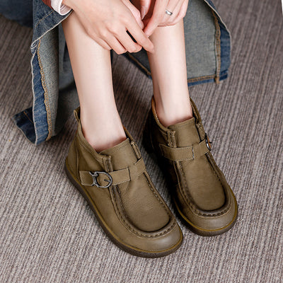 Retro Genuine Leather Round Wide Toe Flat Sole Ankle Boots