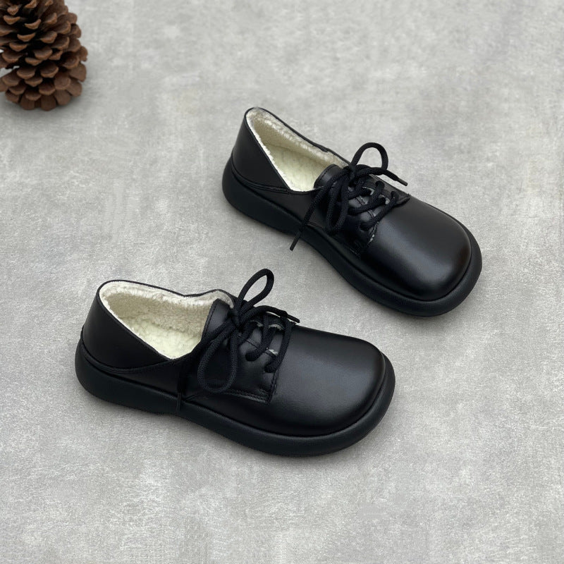 Winter Warm Leather Round Toe Lace-Up Fleece-Lined Flats