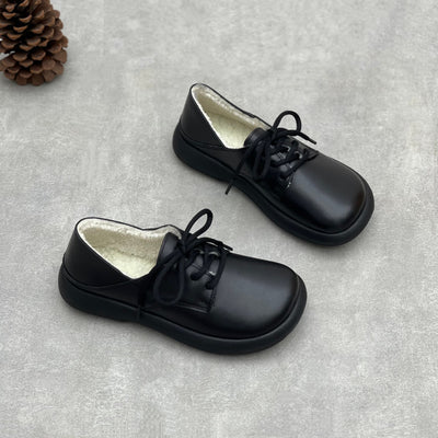 Winter Warm Leather Round Toe Lace-Up Fleece-Lined Flats