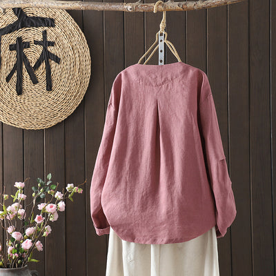 Cotton Casual Oversized Solid Color V-Neck Long Sleeves Blouse