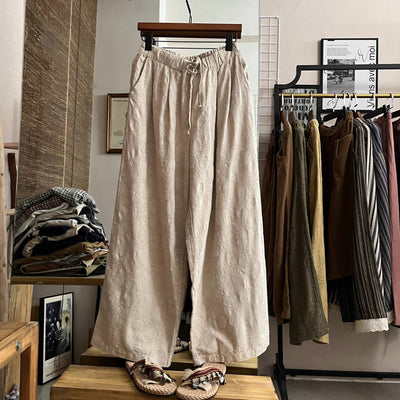 Retro Casual Cotton Loose Jacquard Lace-Up Cropped Pants