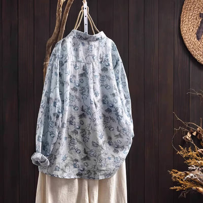 Retro Cotton Linen Floral Printed Casual Loose Long Sleeves Shirt