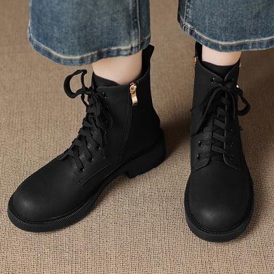 Vintage Fashionable Leather Studs Lace-Up Chunky Boots