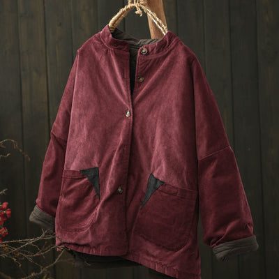 Women Winter Vintage Reversible Corduroy Stand Collar Quilted Jacket