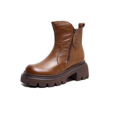 Top Leather Retro Solid Color Casual Thick Sole Chunky Zipper Ankle Boots