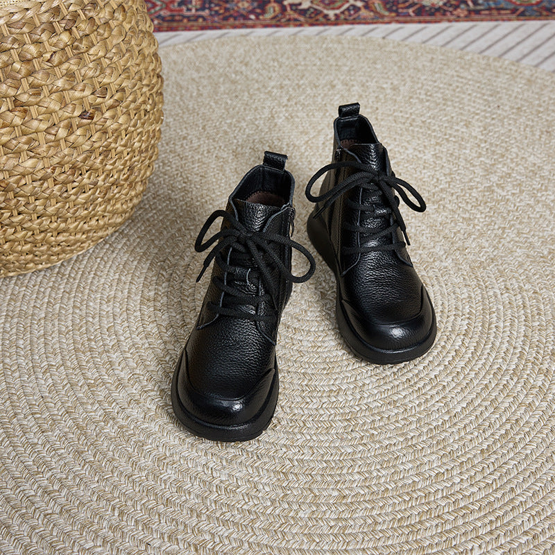 Autumn Retro Leather Soft Flat Sole Lace-Up Ankle Boots