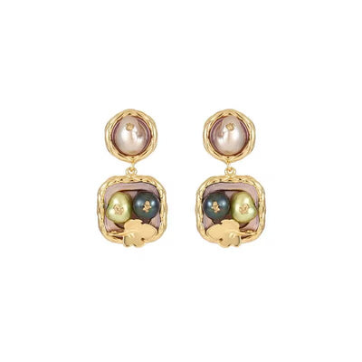 Babakud Women Retro Floral Colorful Pearl Drop Earrings