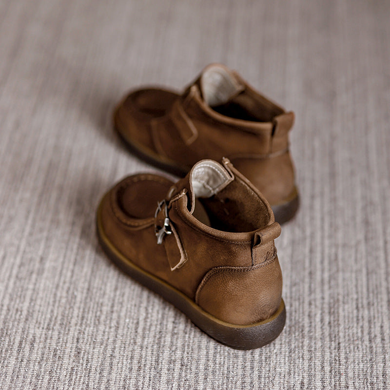 Retro Genuine Leather Round Wide Toe Flat Sole Ankle Boots