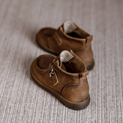 Retro Genuine Leather Round Wide Toe Flat Sole Ankle Boots