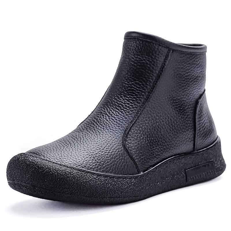 Retro Leather Round Wide Toe Wool-Lined Warm Slip-On Boots