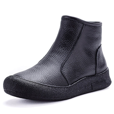 Retro Leather Round Wide Toe Wool-Lined Warm Slip-On Boots