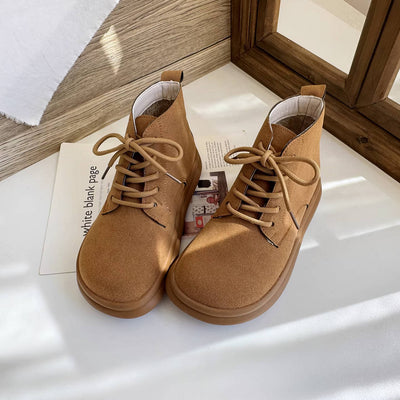 Versatile Top Leather Sueded Warm Flat Soft Sole Lace-Up Boots