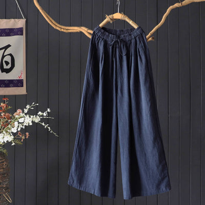 Retro Linen Autumn Loose Solid Color Casual Elastic Waist Pants