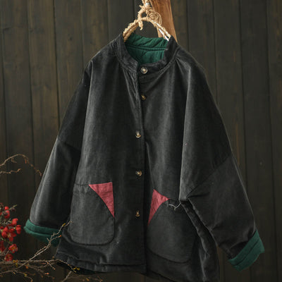 Women Winter Vintage Reversible Corduroy Stand Collar Quilted Jacket