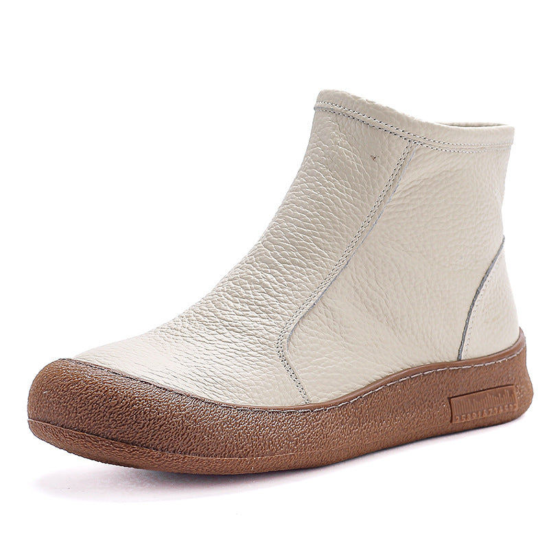 Retro Leather Round Wide Toe Wool-Lined Warm Slip-On Boots