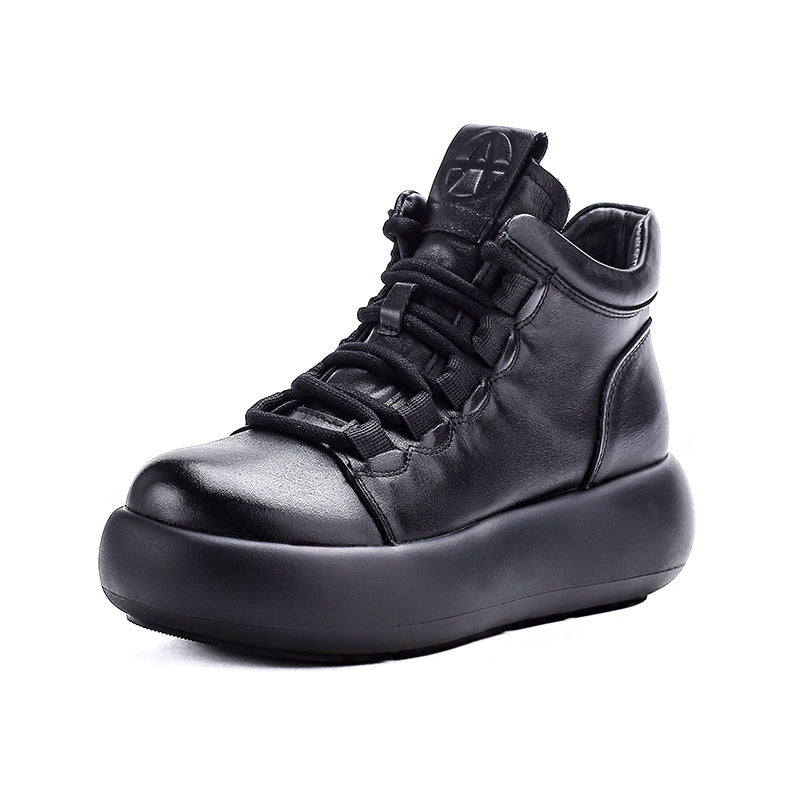 Retro Genuine Leather Thick Sole Platform Zipper Shoes