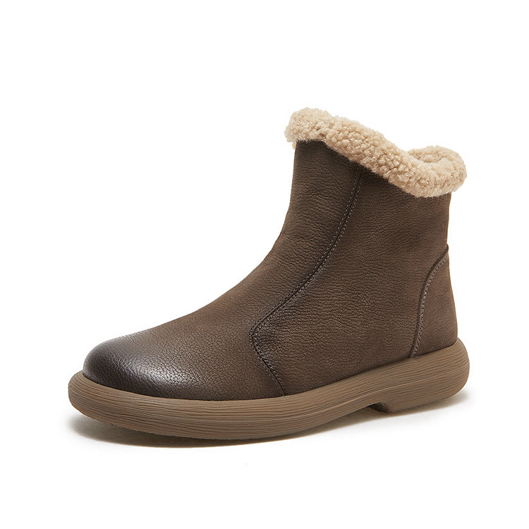 Winter Warm Leather Plush Round Toe Simple Zipper Ankle Boots