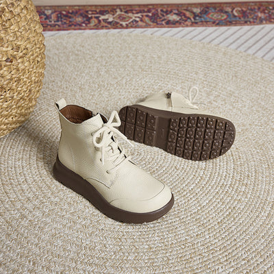 Autumn Retro Leather Soft Flat Sole Lace-Up Ankle Boots