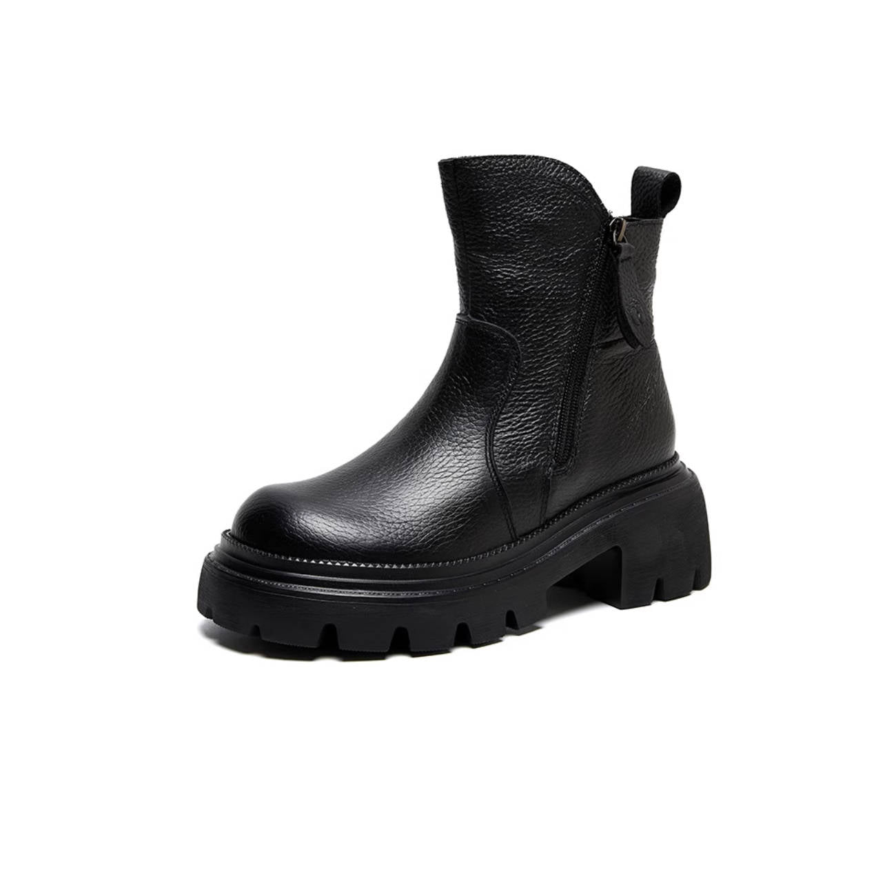 Top Leather Retro Solid Color Casual Thick Sole Chunky Zipper Ankle Boots