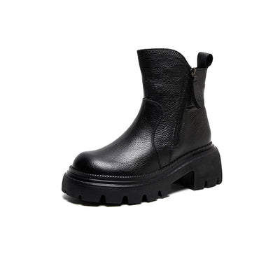 Top Leather Retro Solid Color Casual Thick Sole Chunky Zipper Ankle Boots