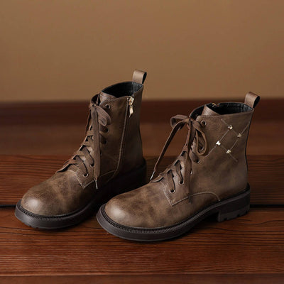 Vintage Fashionable Leather Studs Lace-Up Chunky Boots