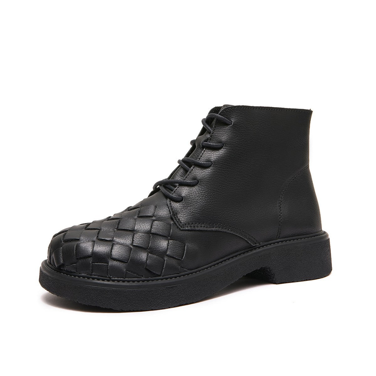 Retro Leather Woven Fashion Casual Zipper Soft Sole Ankle Boots