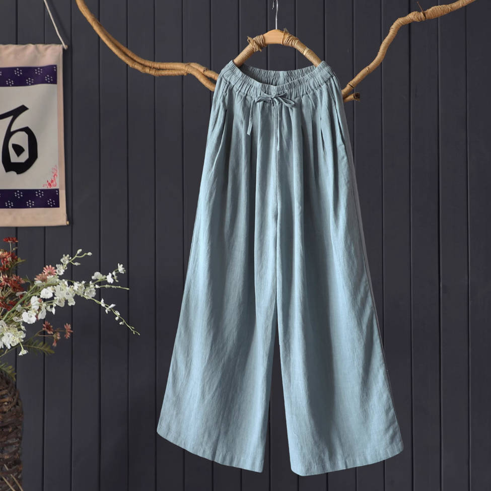 Retro Linen Autumn Loose Solid Color Casual Elastic Waist Pants