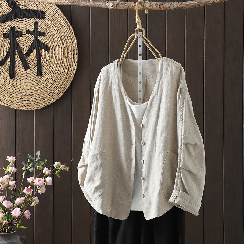 Cotton Casual Oversized Solid Color V-Neck Long Sleeves Blouse