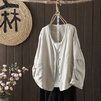 Cotton Casual Oversized Solid Color V-Neck Long Sleeves Blouse