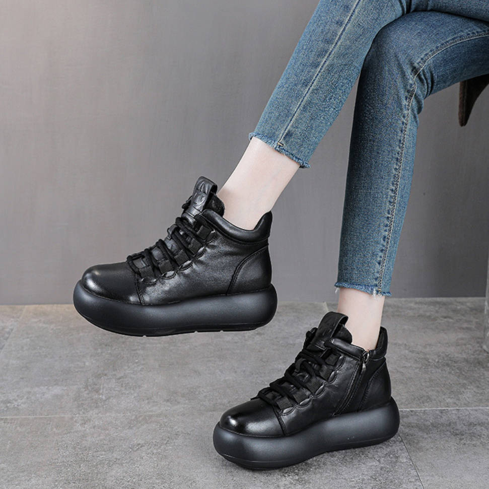 Retro Genuine Leather Thick Sole Platform Zipper Shoes