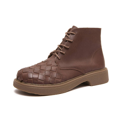 Retro Leather Woven Fashion Casual Zipper Soft Sole Ankle Boots