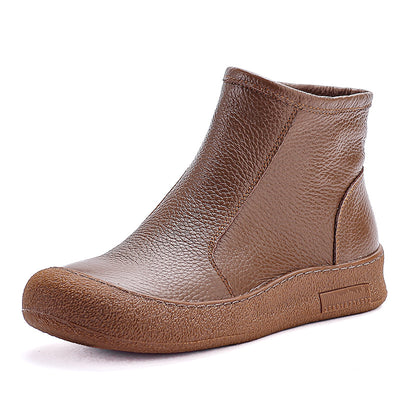 Retro Leather Round Wide Toe Wool-Lined Warm Slip-On Boots