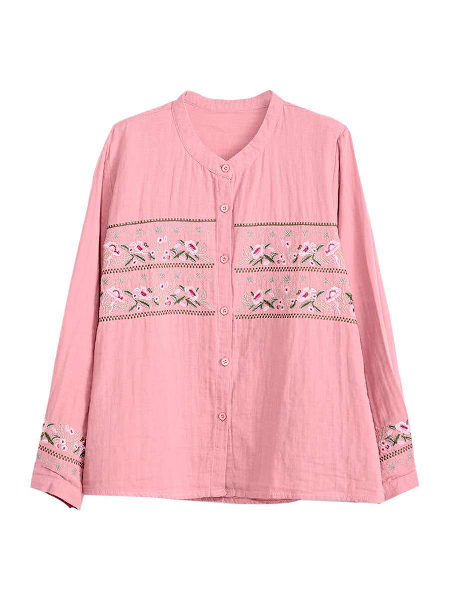 Women Spring Vintage Cotton Casual Embroidered Long Sleeve Shirt