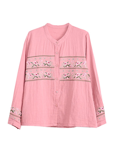 Women Spring Vintage Cotton Casual Embroidered Long Sleeve Shirt
