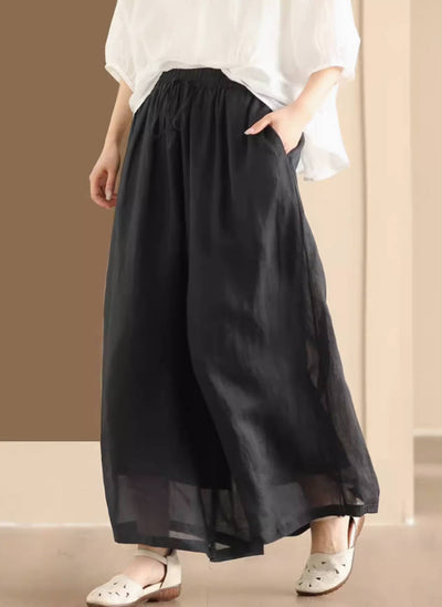 Women Retro Linen Loose Solid Color Wide Leg Lace-Up Pants