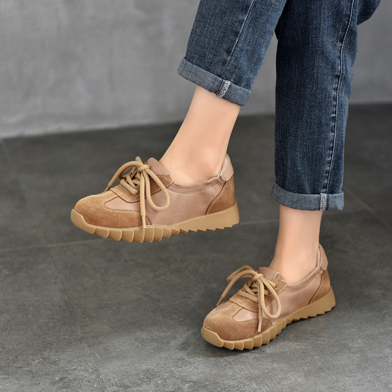 Babakud Women Spring Vintage Lace-Up Round-Toe Leather Shoes