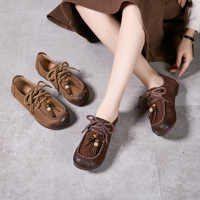 Autumn Leather Retro Lace-Up Beadwork Flat Sole Shoes