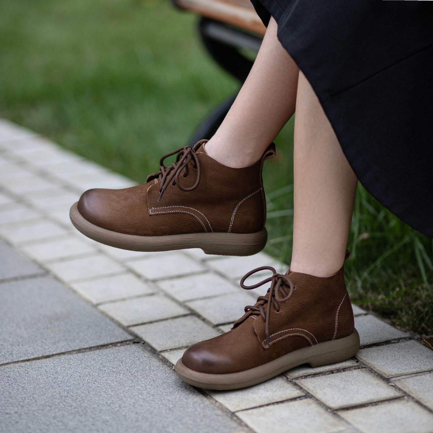 Trendy Genuine Leather Round Toe Soft Sole Lace-Up Boots
